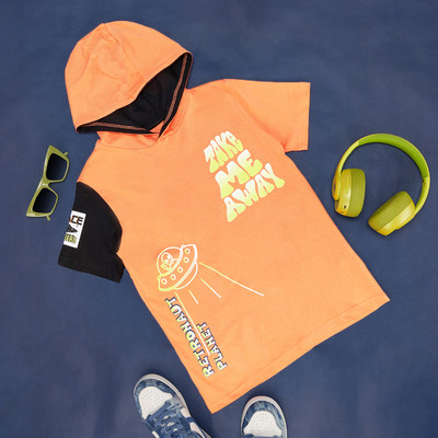 Pantaloons Junior Boys Printed Pure Cotton Regular T Shirt(Orange, Pack of 1)