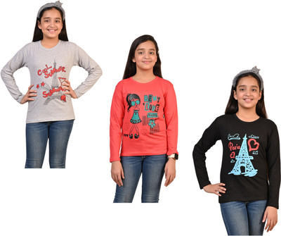 Indistar Girls Printed Pure Cotton Regular T Shirt(Multicolor, Pack of 3)