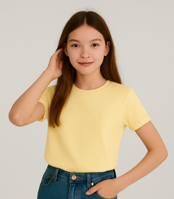 Wearax Girls Solid Cotton Blend Regular T Shirt(Beige, Pack of 1)