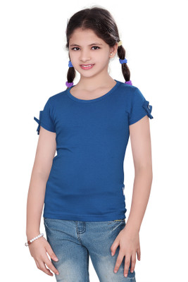 SINI MINI Girls Solid Cotton Blend Regular T Shirt(Blue, Pack of 1)