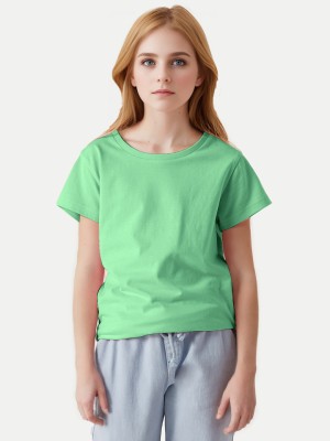 radprix Girls Solid Cotton Blend Regular T Shirt(Green, Pack of 1)