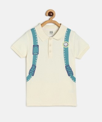 MINI KLUB Boys Self Design Organic Cotton T Shirt(White, Pack of 1)