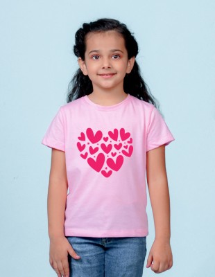 Nusyl Girls Printed Cotton Blend T Shirt(Pink, Pack of 1)