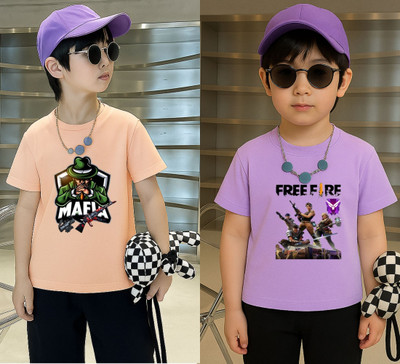 Lecowar Boys Printed Polyester Regular T Shirt(Pink, Purple, Pack of 2)