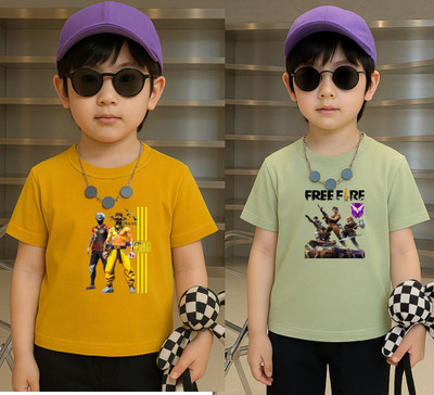 Lecowar Boys Printed Polyester Regular T Shirt(Yellow, Green, Pack of 2)