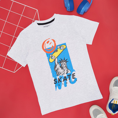 Pantaloons Junior Boys Printed Pure Cotton Regular T Shirt(Grey, Pack of 1)