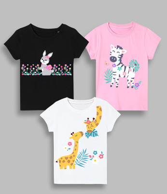 KEESOR Baby Girls Graphic Print Cotton Blend Regular T Shirt(Multicolor, Pack of 3)
