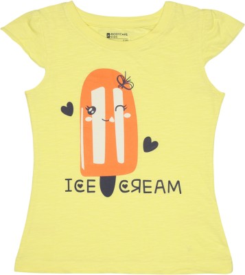 BodyCare Girls Printed Pure Cotton Regular T Shirt(Yellow, Pack of 1)