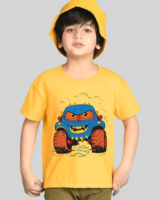 Kiddy Viddy Boys Printed Cotton Blend Regular T Shirt(Yellow, Pack of 1)