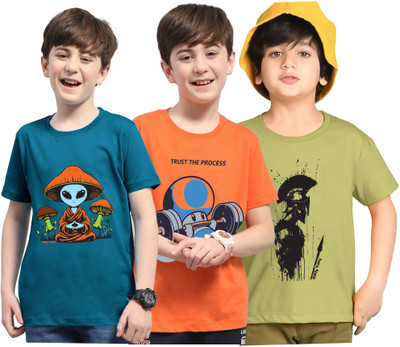 Kiddy Viddy Boys Graphic Print Cotton Blend Regular T Shirt(Green, Dark Blue, Pack of 3)