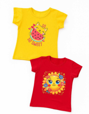 VVC TRENDS Baby Girls Cartoon Cotton Blend Regular T Shirt(Multicolor, Pack of 2)