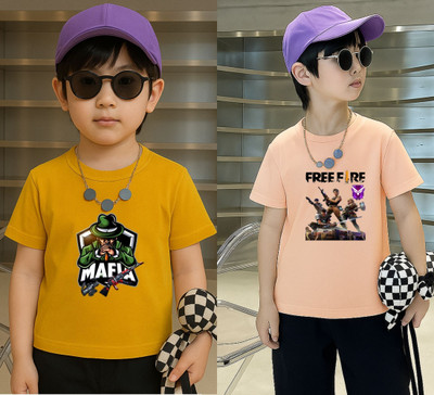 Lecowar Boys Printed Polyester Regular T Shirt(Yellow, Pink, Pack of 2)