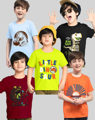 AUSK Boys Printed Cotton Blend Regular T Shirt(Black, Orange, Pack of 5)