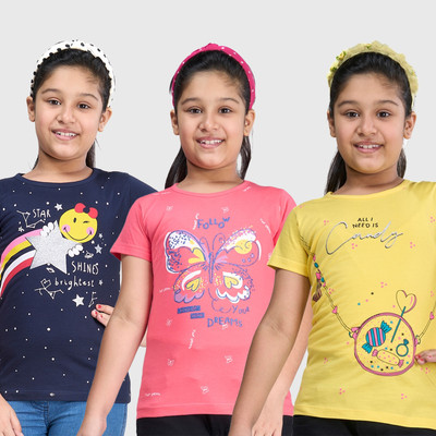 Zuniors-SSC Girls Graphic Print Pure Cotton Regular T Shirt(Multicolor, Pack of 3)