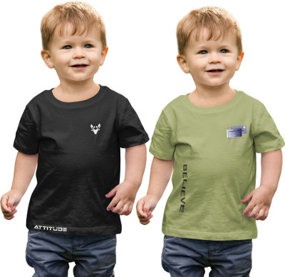 Vfest Boys Printed Cotton Blend Regular T Shirt(Black, Green, Pack of 2)