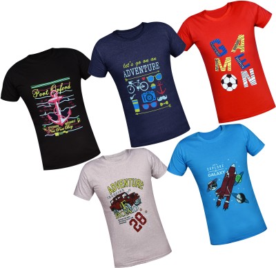 Fashionate World Boys Printed Pure Cotton Regular T Shirt(Multicolor, Pack of 5)