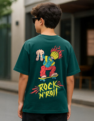 Veirdo Boys Printed Pure Cotton Oversized T Shirt(Dark Green, Pack of 1)