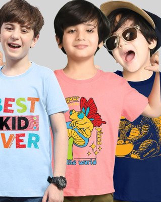AOOSH Boys Graphic Print Cotton Blend Regular T Shirt(Light Blue, Pink, Pack of 3)
