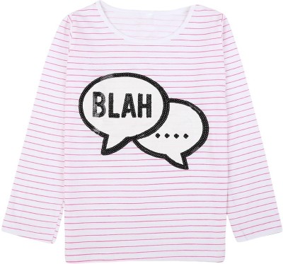 V-MART Girls Striped Pure Cotton Regular T Shirt(Pink, Pack of 1)