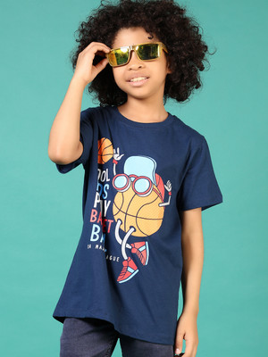 V-MART Boys Printed Cotton Blend Regular T Shirt(Blue, Pack of 1)