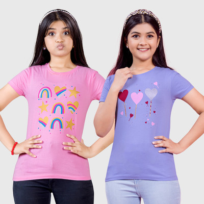 Zuniors-SSC Girls Printed Pure Cotton Regular T Shirt(Multicolor, Pack of 2)