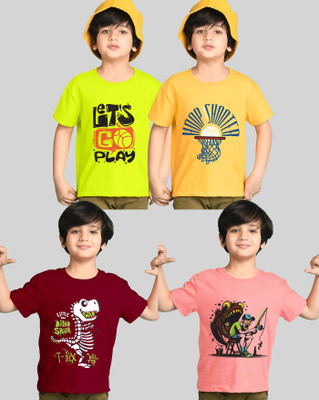AOOSH Boys Printed Cotton Blend Regular T Shirt(Maroon, Yellow, Pack of 4)