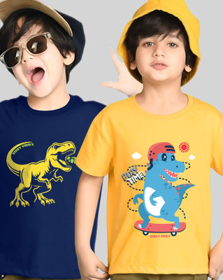 AUSK Boys Printed Cotton Blend Regular T Shirt(Yellow, Blue, Pack of 2)