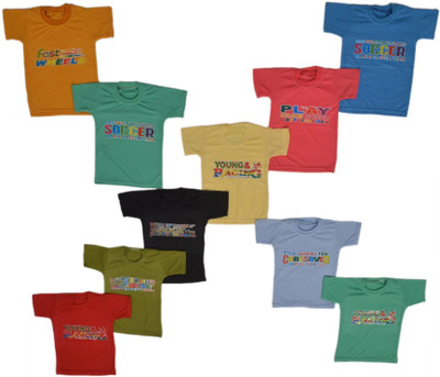 HouseOfCommon Boys Printed Cotton Blend Regular T Shirt(Multicolor, Pack of 10)