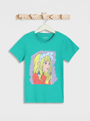 JUNIORS by Babyshop Girls Printed Pure Cotton Regular T Shirt(Green, Pack of 1)