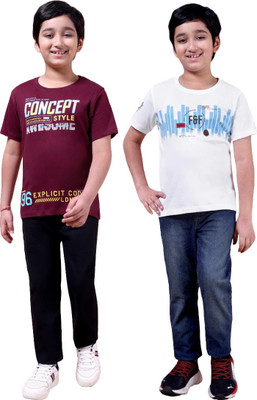 FREEZEANDFROST Boys Printed Cotton Blend Regular T Shirt(Maroon, Purple, Pack of 2)