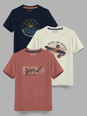 Hellcat Boys Printed Cotton Blend Regular T Shirt(Multicolor, Pack of 3)