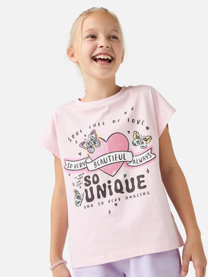 JUNIORS by Babyshop Girls Printed Pure Cotton Regular T Shirt(Pink, Pack of 1)