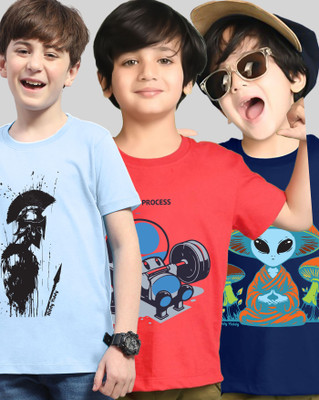 AUSK Boys Printed Cotton Blend Regular T Shirt(Multicolor, Pack of 3)