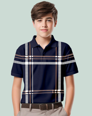AUSK Boys Checkered Cotton Blend Regular T Shirt(Blue, Grey, Pack of 1)