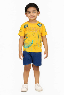 HMAGURI Boys Printed Cotton Blend Regular T Shirt(Orange, Pack of 1)