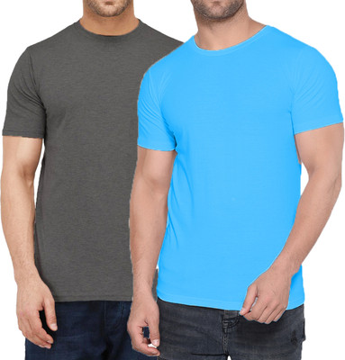 Kroptee Boys Solid Cotton Blend Regular T Shirt(Light Blue, Grey, Pack of 2)