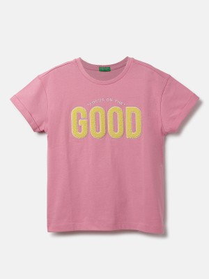 United Colors of Benetton Girls Embroidered Pure Cotton T Shirt(Pink, Pack of 1)