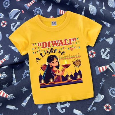 MOMS DESIRE Baby Boys & Baby Girls Printed Cotton Blend Regular T Shirt(Yellow, Pack of 1)