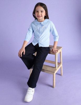 U.S. POLO ASSN. Girls Solid Pure Cotton Regular T Shirt(Blue, Pack of 1)