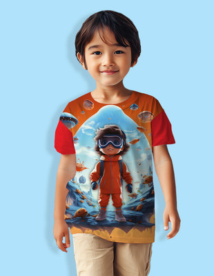 Nusyl Boys Graphic Print Cotton Blend Regular T Shirt(Red, Pack of 1)