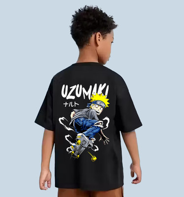 HIPHOPFASHION Boys Printed Cotton Blend Oversized T Shirt(Black, Pack of 1)