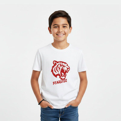 DEHCY Boys Printed Pure Cotton Regular T Shirt(White, Pack of 1)