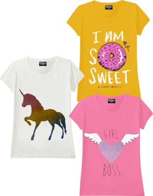 Billion Girls Graphic Print Cotton Blend T Shirt(Multicolor, Pack of 3)