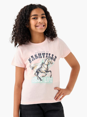 JUNIORS by Babyshop Girls Graphic Print Pure Cotton Regular T Shirt(Pink, Pack of 1)