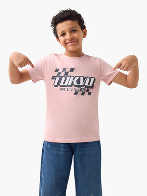 JUNIORS by Babyshop Boys Printed Pure Cotton Regular T Shirt(Pink, Pack of 1)