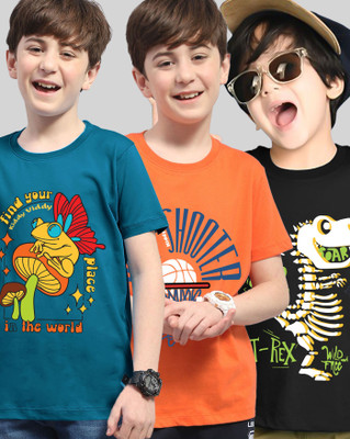 AOOSH Boys Printed Cotton Blend Regular T Shirt(Orange, Dark Blue, Pack of 3)