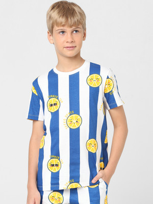 Jack & Jones Junior Boys Striped Cotton Blend Regular T Shirt(Blue, Pack of 1)