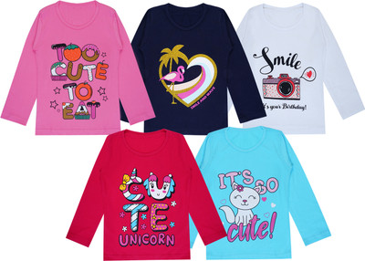 FAZZA Girls Printed Pure Cotton Regular T Shirt(Multicolor, Pack of 5)