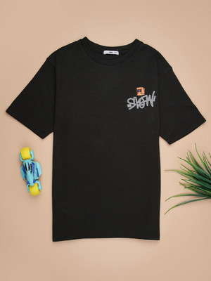 V-MART Boys Printed Cotton Blend Regular T Shirt(Black, Pack of 1)