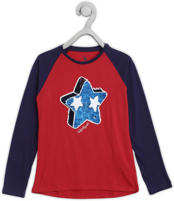 U.S. POLO ASSN. Girls Colorblock Pure Cotton Regular T Shirt(Red, Pack of 1)